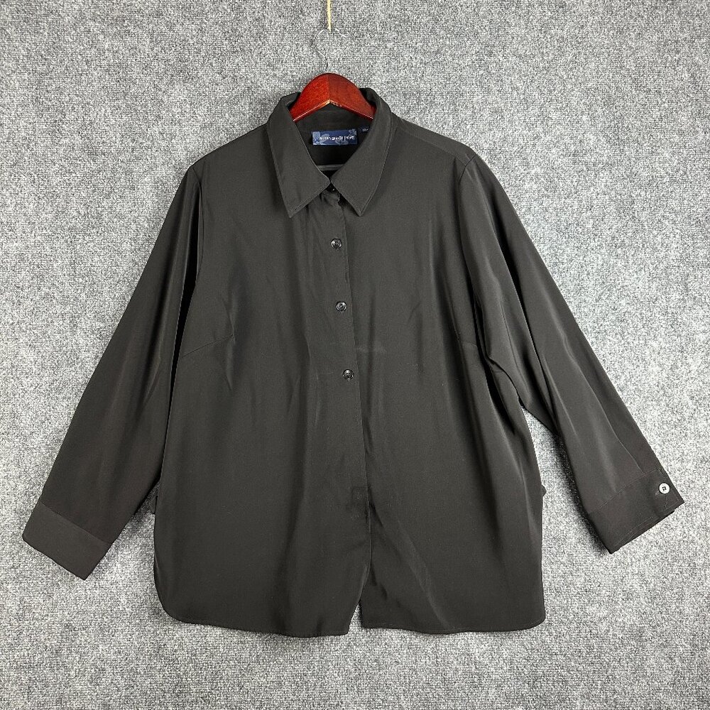 Susan Graver Top Womens 1X Button Up Black Stretch Shirt Long Sleeve Split Hem